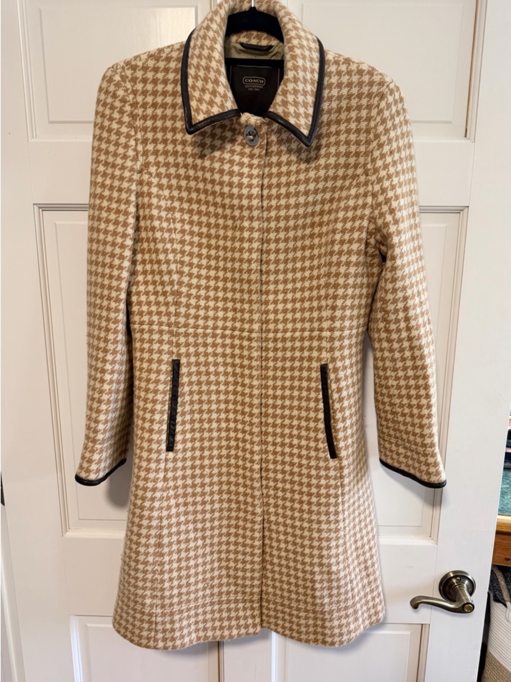 Coach Vintage Houndstooth Wool Trench Coat Beige Cream Dark Trim - Size M